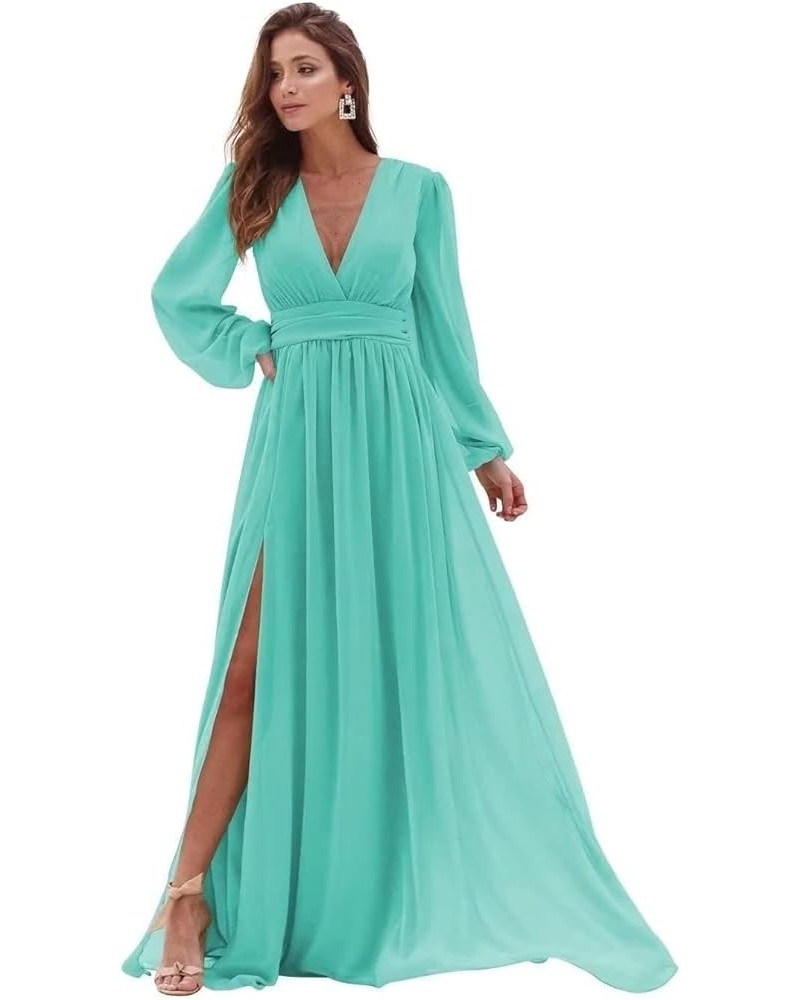 Women's Long Sleeve Bridesmaid Dresses with Slit Long Ruched Formal Evening Party Gown Turquoise $33.54 Dresses