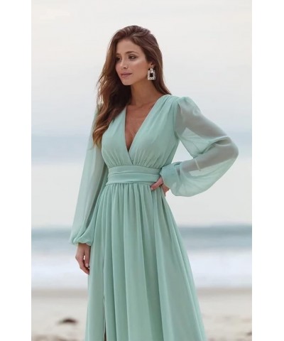 Women's Long Sleeve Bridesmaid Dresses with Slit Long Ruched Formal Evening Party Gown Turquoise $33.54 Dresses