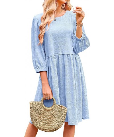 Women Casual Summer Dresses 2024 Crew Neck 3/4 Puff Sleeve Tunic Dress Textured Loose Flowy Mini Babydoll Dress Solid Light B...