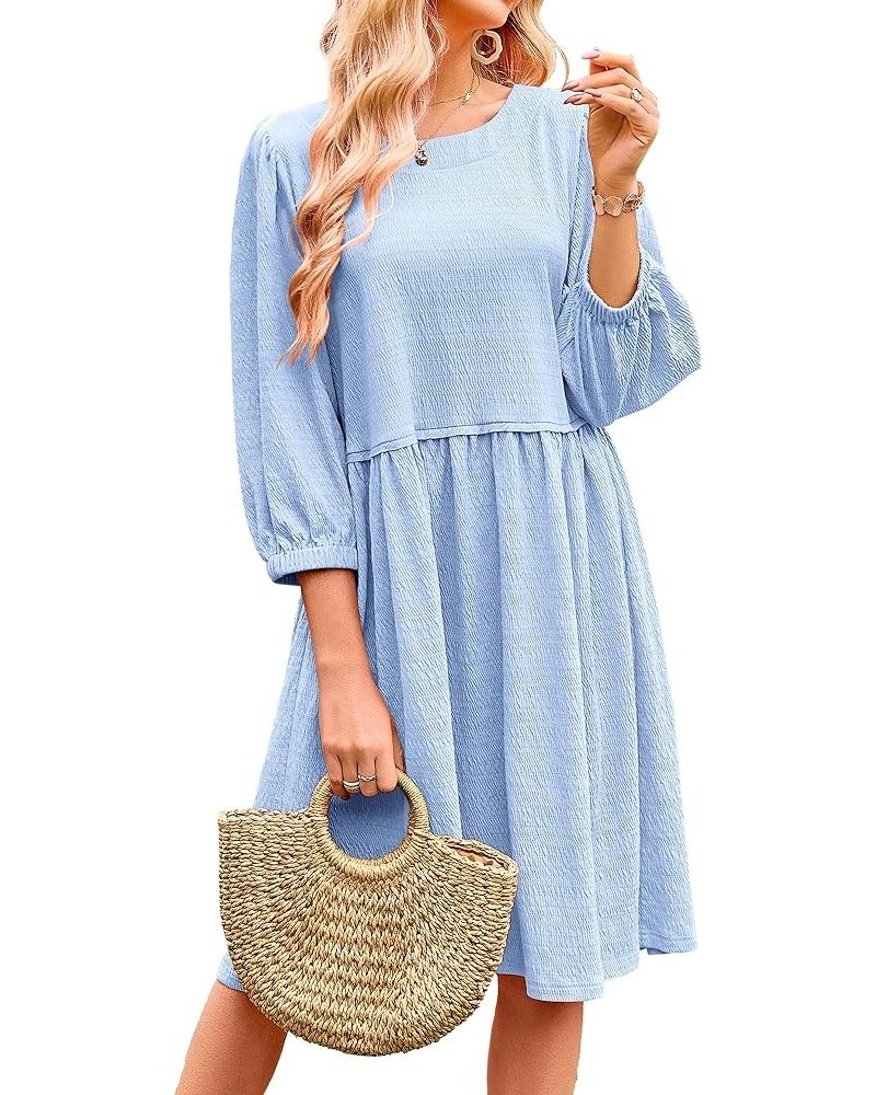 Women Casual Summer Dresses 2024 Crew Neck 3/4 Puff Sleeve Tunic Dress Textured Loose Flowy Mini Babydoll Dress Solid Light B...