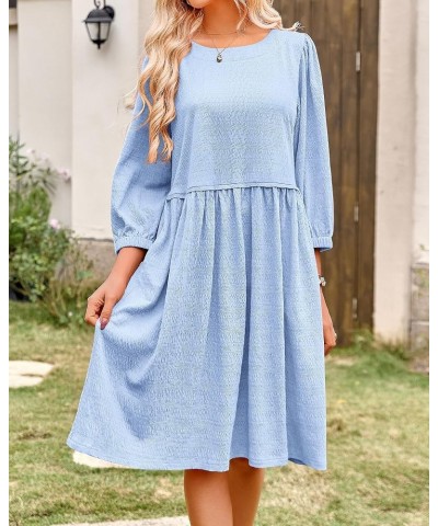 Women Casual Summer Dresses 2024 Crew Neck 3/4 Puff Sleeve Tunic Dress Textured Loose Flowy Mini Babydoll Dress Solid Light B...