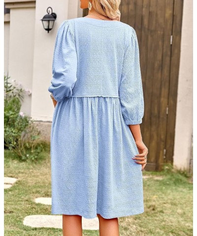 Women Casual Summer Dresses 2024 Crew Neck 3/4 Puff Sleeve Tunic Dress Textured Loose Flowy Mini Babydoll Dress Solid Light B...