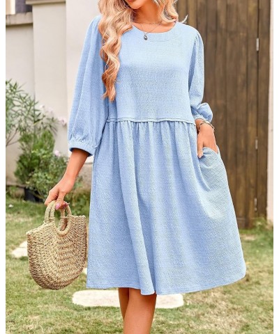 Women Casual Summer Dresses 2024 Crew Neck 3/4 Puff Sleeve Tunic Dress Textured Loose Flowy Mini Babydoll Dress Solid Light B...