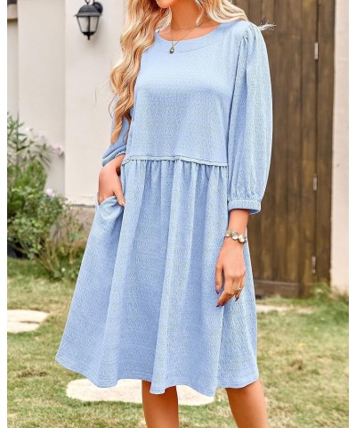 Women Casual Summer Dresses 2024 Crew Neck 3/4 Puff Sleeve Tunic Dress Textured Loose Flowy Mini Babydoll Dress Solid Light B...