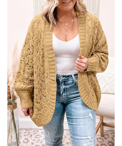 Womens Plus Size Crochet Cardigan Sweater Long Sleeve Hollow Out Open Front Cardigans Outwear(1X-5X) Khaki $25.64 Sweaters