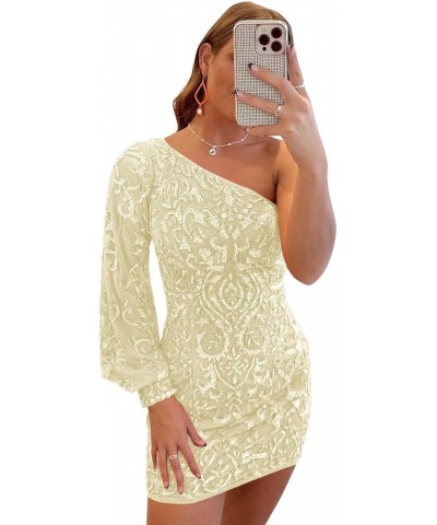 Sparkly Sequin Lace Homecoming Dresses for Teens Puffy Sleeve One Shoulder Mini Prom Cocktail Gown Champagne $25.30 Dresses