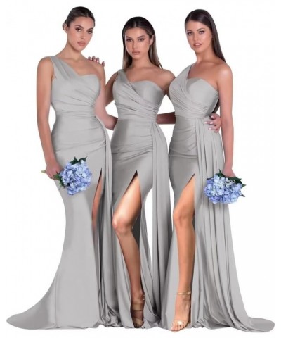 One Shoulder Bridesmaid Dresses for Wedding Side Slit Satin Mermaid Prom Dresses with Train Silver $23.00 Dresses