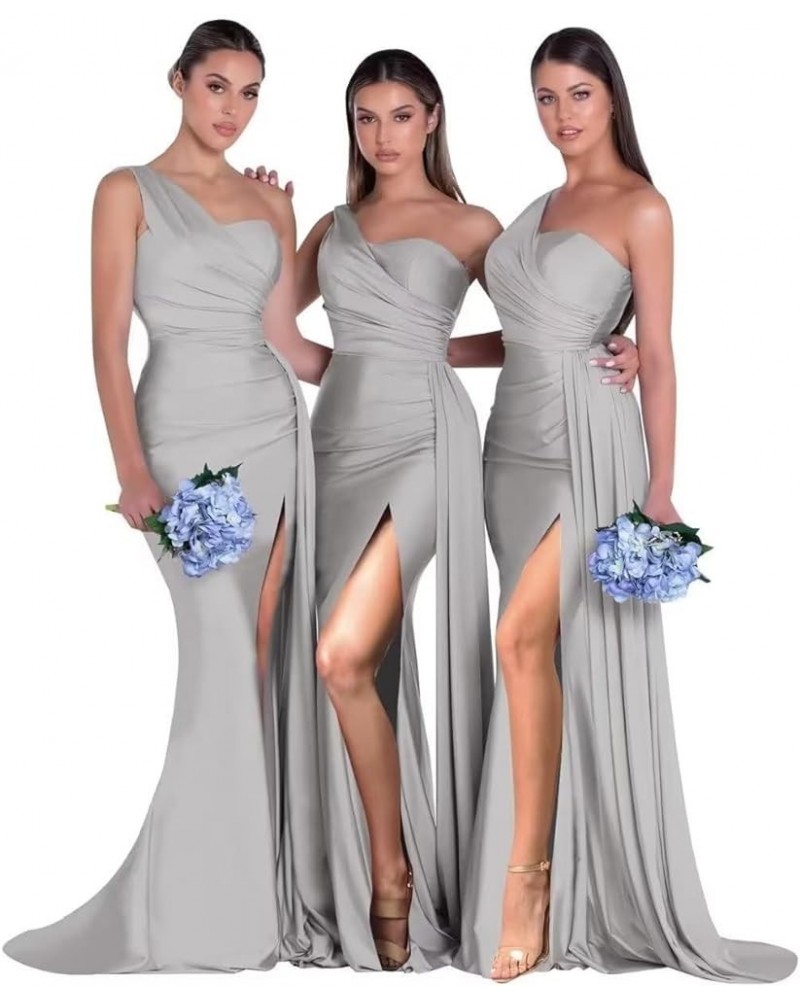 One Shoulder Bridesmaid Dresses for Wedding Side Slit Satin Mermaid Prom Dresses with Train Silver $23.00 Dresses