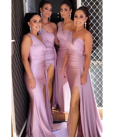 One Shoulder Bridesmaid Dresses for Wedding Side Slit Satin Mermaid Prom Dresses with Train Silver $23.00 Dresses