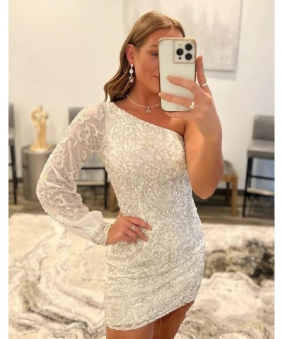 Sparkly Sequin Lace Homecoming Dresses for Teens Puffy Sleeve One Shoulder Mini Prom Cocktail Gown Champagne $25.30 Dresses