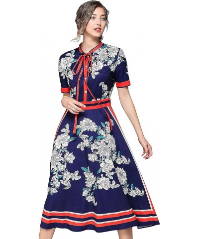 Women's Floral Print Button up Midi Dress Casual A-line Shirt Dress Navy & Red $26.51 Dresses