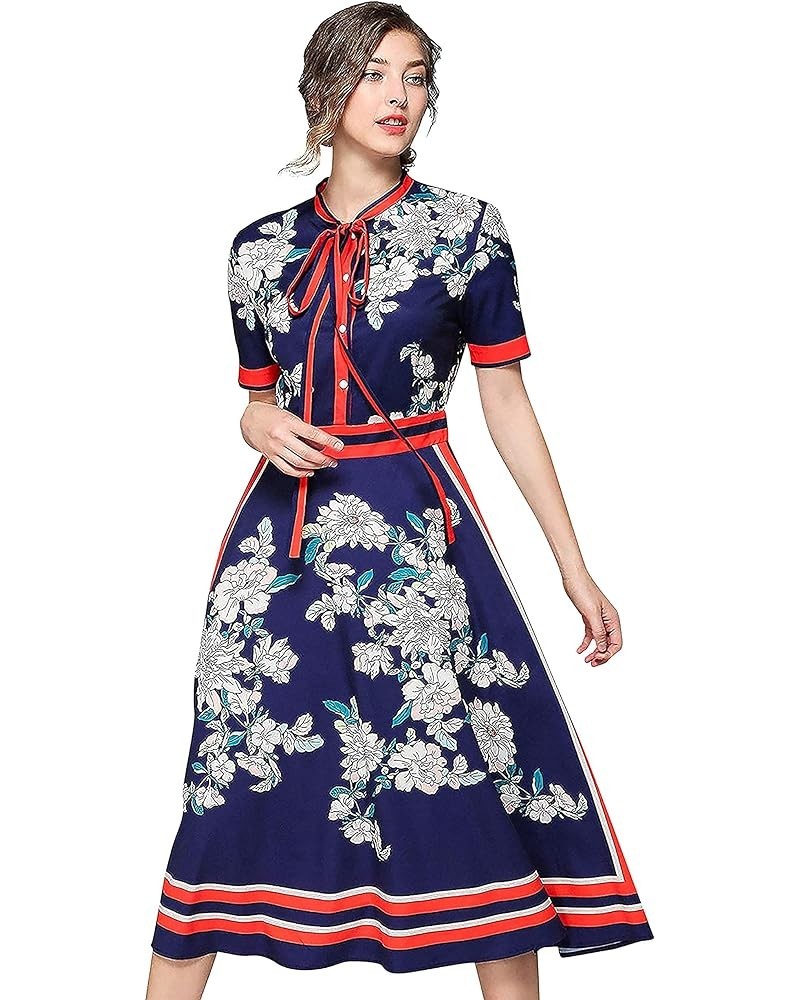 Women's Floral Print Button up Midi Dress Casual A-line Shirt Dress Navy & Red $26.51 Dresses