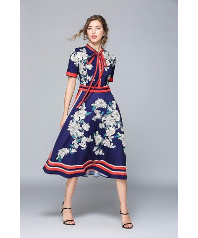 Women's Floral Print Button up Midi Dress Casual A-line Shirt Dress Navy & Red $26.51 Dresses