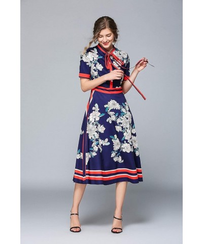 Women's Floral Print Button up Midi Dress Casual A-line Shirt Dress Navy & Red $26.51 Dresses