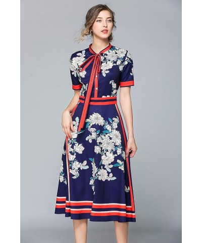 Women's Floral Print Button up Midi Dress Casual A-line Shirt Dress Navy & Red $26.51 Dresses