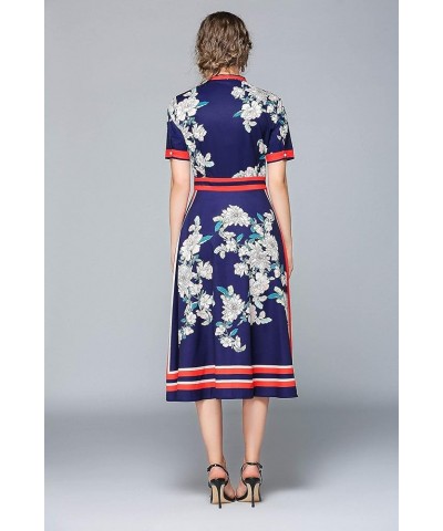 Women's Floral Print Button up Midi Dress Casual A-line Shirt Dress Navy & Red $26.51 Dresses