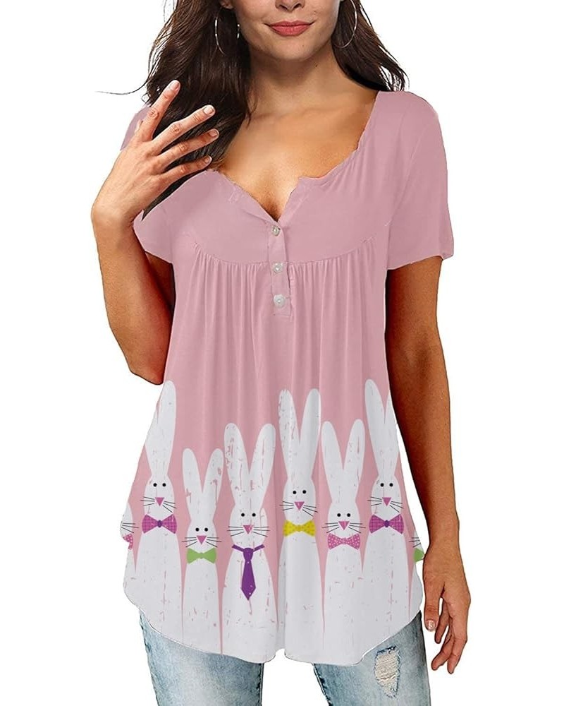 St Patrick's Day Women's Lucky Shamrocks Printed Button Collar Short Sleeve Pleated Tunic Tops Pink Rabbit $14.00 Others