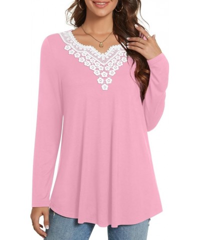 Womens Tunic Tops Fashion T-Shirts V-neck Lace Blouses Pleated Tee Casual With Leggings Long Pink Red $9.68 Tops