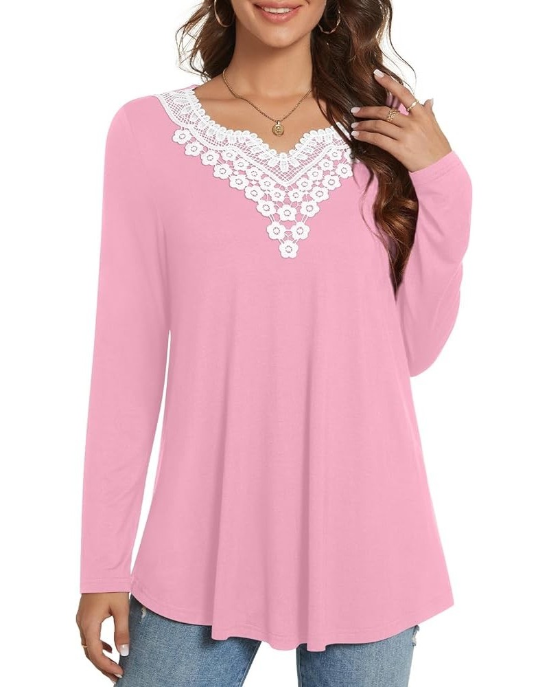 Womens Tunic Tops Fashion T-Shirts V-neck Lace Blouses Pleated Tee Casual With Leggings Long Pink Red $9.68 Tops