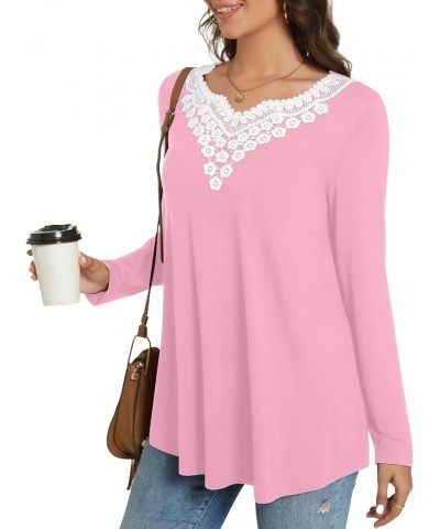 Womens Tunic Tops Fashion T-Shirts V-neck Lace Blouses Pleated Tee Casual With Leggings Long Pink Red $9.68 Tops