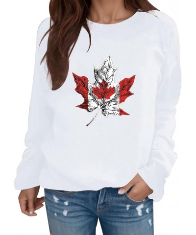 Canadian Pride Sweatshirts for Women Loose Fit Maple Leaf Print Hoodies Pullover Sweater Crew Neck Round Neck Casual White-e ...