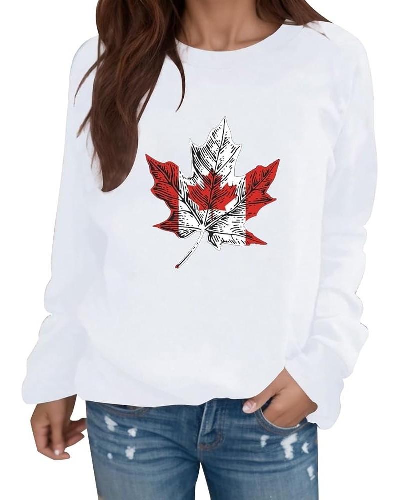 Canadian Pride Sweatshirts for Women Loose Fit Maple Leaf Print Hoodies Pullover Sweater Crew Neck Round Neck Casual White-e ...