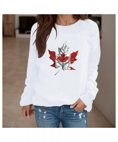 Canadian Pride Sweatshirts for Women Loose Fit Maple Leaf Print Hoodies Pullover Sweater Crew Neck Round Neck Casual White-e ...