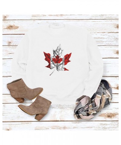 Canadian Pride Sweatshirts for Women Loose Fit Maple Leaf Print Hoodies Pullover Sweater Crew Neck Round Neck Casual White-e ...