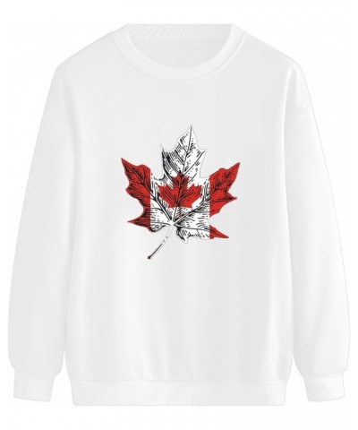 Canadian Pride Sweatshirts for Women Loose Fit Maple Leaf Print Hoodies Pullover Sweater Crew Neck Round Neck Casual White-e ...