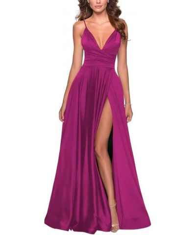 V-Neck Satin Bridesmaid Dresses with Side Slit Spaghetti Strap Formal Evening Gowns Pleated Ball Gowns Prom Dress Fuchsia $29...