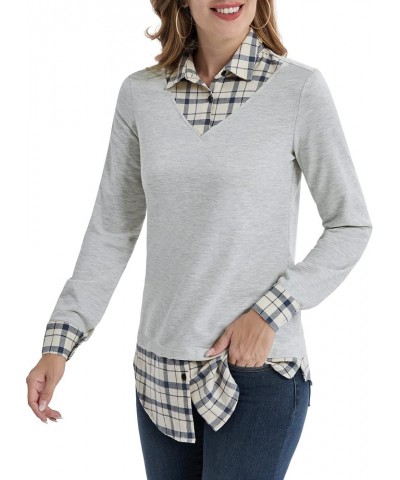 Women's Contrast Plaid Collar 2 in 1 Blouse Tunic Tops Light Grey - Beige Plaid $13.74 Tops