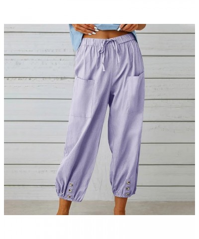 Elastic Tie-up Waist Women's Trouses Comfy Cotton and Linen Ninth Pants with Pockets Summer Casual Button Front Pants Purple ...