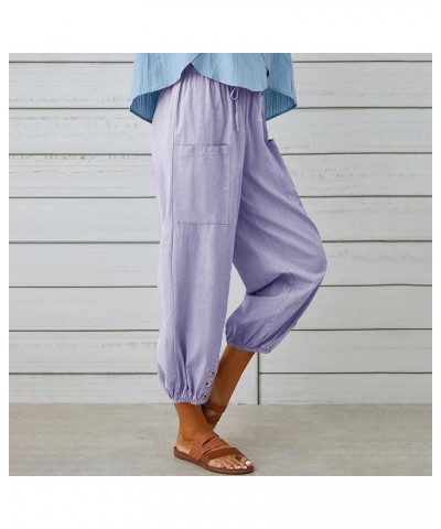 Elastic Tie-up Waist Women's Trouses Comfy Cotton and Linen Ninth Pants with Pockets Summer Casual Button Front Pants Purple ...