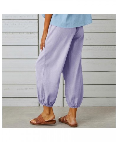 Elastic Tie-up Waist Women's Trouses Comfy Cotton and Linen Ninth Pants with Pockets Summer Casual Button Front Pants Purple ...