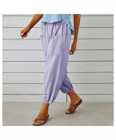 Elastic Tie-up Waist Women's Trouses Comfy Cotton and Linen Ninth Pants with Pockets Summer Casual Button Front Pants Purple ...