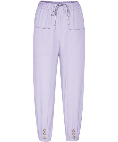 Elastic Tie-up Waist Women's Trouses Comfy Cotton and Linen Ninth Pants with Pockets Summer Casual Button Front Pants Purple ...