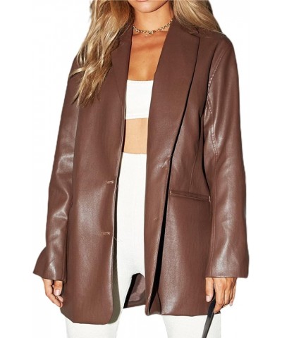 Women Faux Leather Jacket Long Sleeve Plus Size Top Blazers Button Lapel Outwears Coat Brown $25.52 Coats