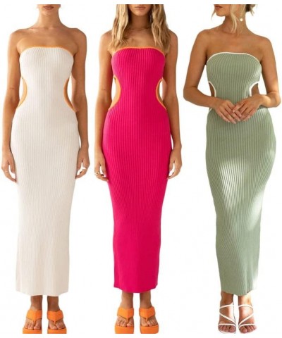 Women Cutout Strapless Maxi Dress Y2K Rib Knitted Bodycon Tube Dress Sleeveless Backless Satin Summer Dresses C-1 Ribbed Cuto...