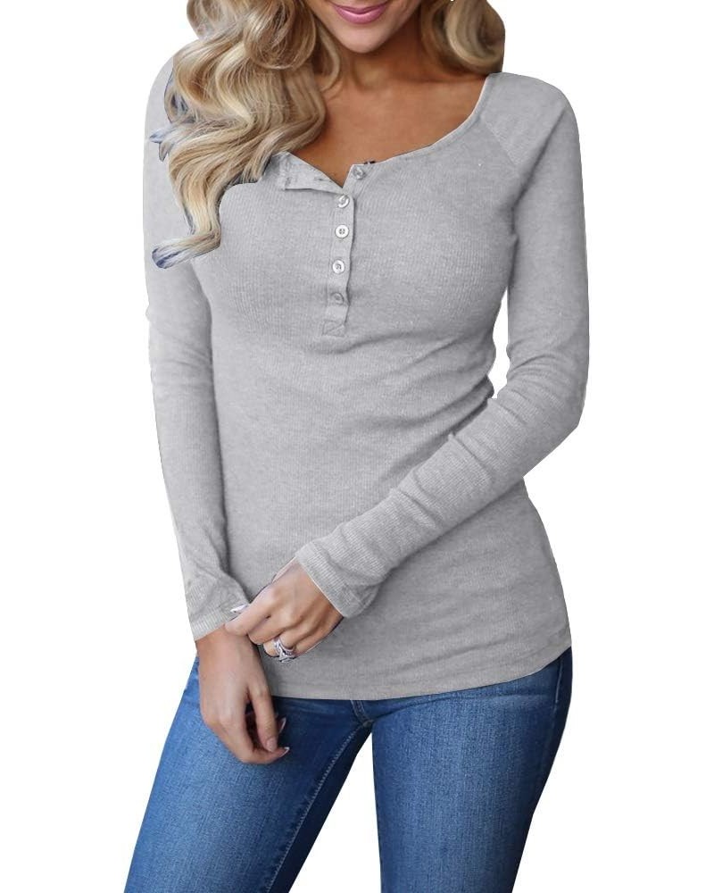 Womens Long Sleeve Henley Shirts Ribbed Button Down Casual Tunic Tops Grey $13.24 Tops