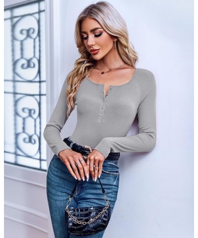 Womens Long Sleeve Henley Shirts Ribbed Button Down Casual Tunic Tops Grey $13.24 Tops