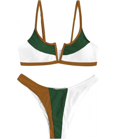 Women's V Wired Bikini Set Colorblock Ribbed Swimwear Sexy High Cut Cheeky Two Piece Swimsuit Bathing Suit 393_oliver Green $...