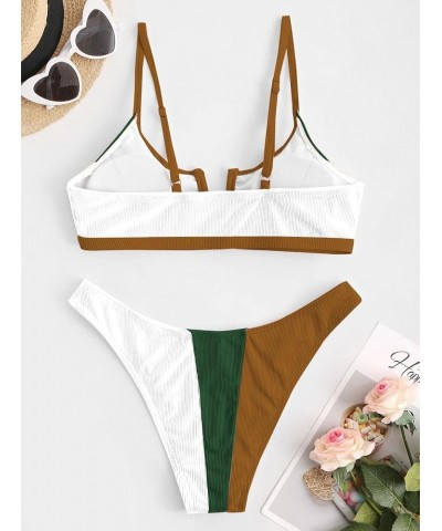 Women's V Wired Bikini Set Colorblock Ribbed Swimwear Sexy High Cut Cheeky Two Piece Swimsuit Bathing Suit 393_oliver Green $...