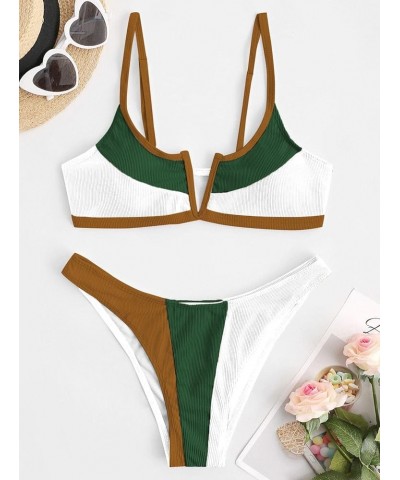 Women's V Wired Bikini Set Colorblock Ribbed Swimwear Sexy High Cut Cheeky Two Piece Swimsuit Bathing Suit 393_oliver Green $...