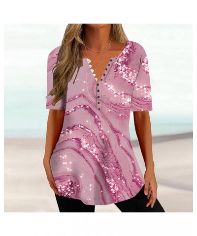 Summer Shirts for Women 2024 Trendy Floral Print Boho T-Shirt Quarter Button Down T Shirts Pleated 3/4 Sleeve Tops B pink $5....