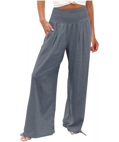 Women Linen Palazzo Pants Flowy Boho Wide Leg High Waist Long Pants Casual Gauze Lounge Pant Trousers with Pockets Linen 06-g...