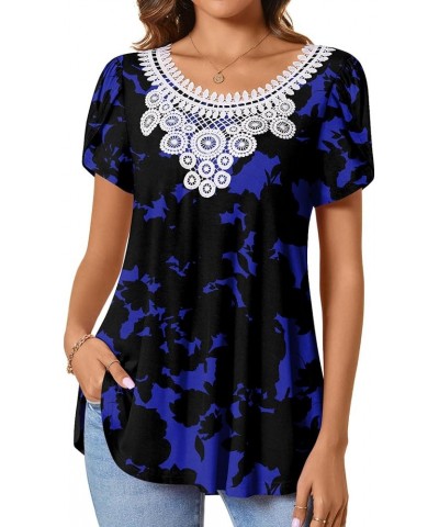 Womens Short Sleeve Casual Tunic Tops Lace Crochet Summer T-Shirts Loose Flared Tee Blouses Blue Flowers $10.50 Tops