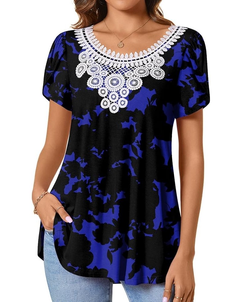 Womens Short Sleeve Casual Tunic Tops Lace Crochet Summer T-Shirts Loose Flared Tee Blouses Blue Flowers $10.50 Tops