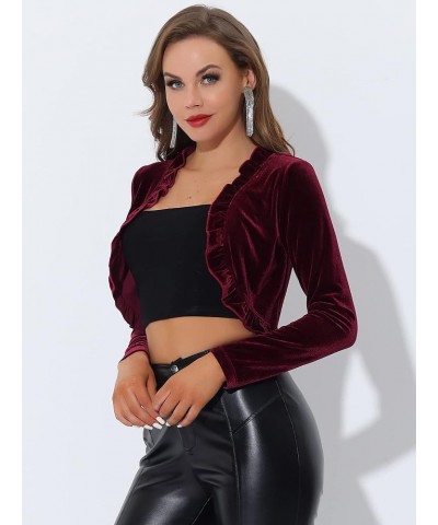 Women's Cocktail Party Open Front Cardigan Long Sleeve Cropped Velvet Shrug Top Burgundy $18.62 Sweaters