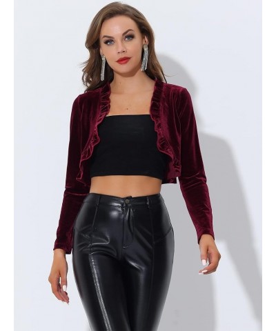 Women's Cocktail Party Open Front Cardigan Long Sleeve Cropped Velvet Shrug Top Burgundy $18.62 Sweaters