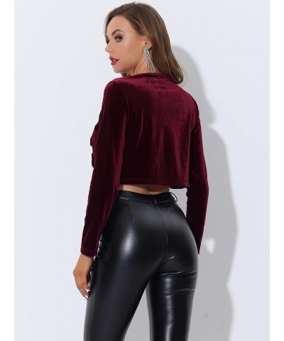 Women's Cocktail Party Open Front Cardigan Long Sleeve Cropped Velvet Shrug Top Burgundy $18.62 Sweaters